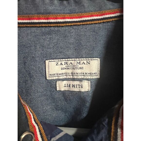 Zara Man Long Sleeve Snap Button Up Chambray Denim/Plaid Blue Medium Western - Picture 3 of 5
